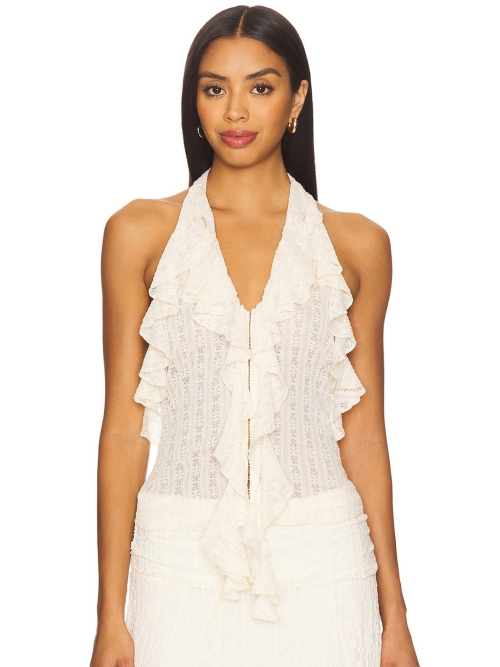 More To Come Revolve Marilou Lace Ruffle Halter Top in Cream Size Medium